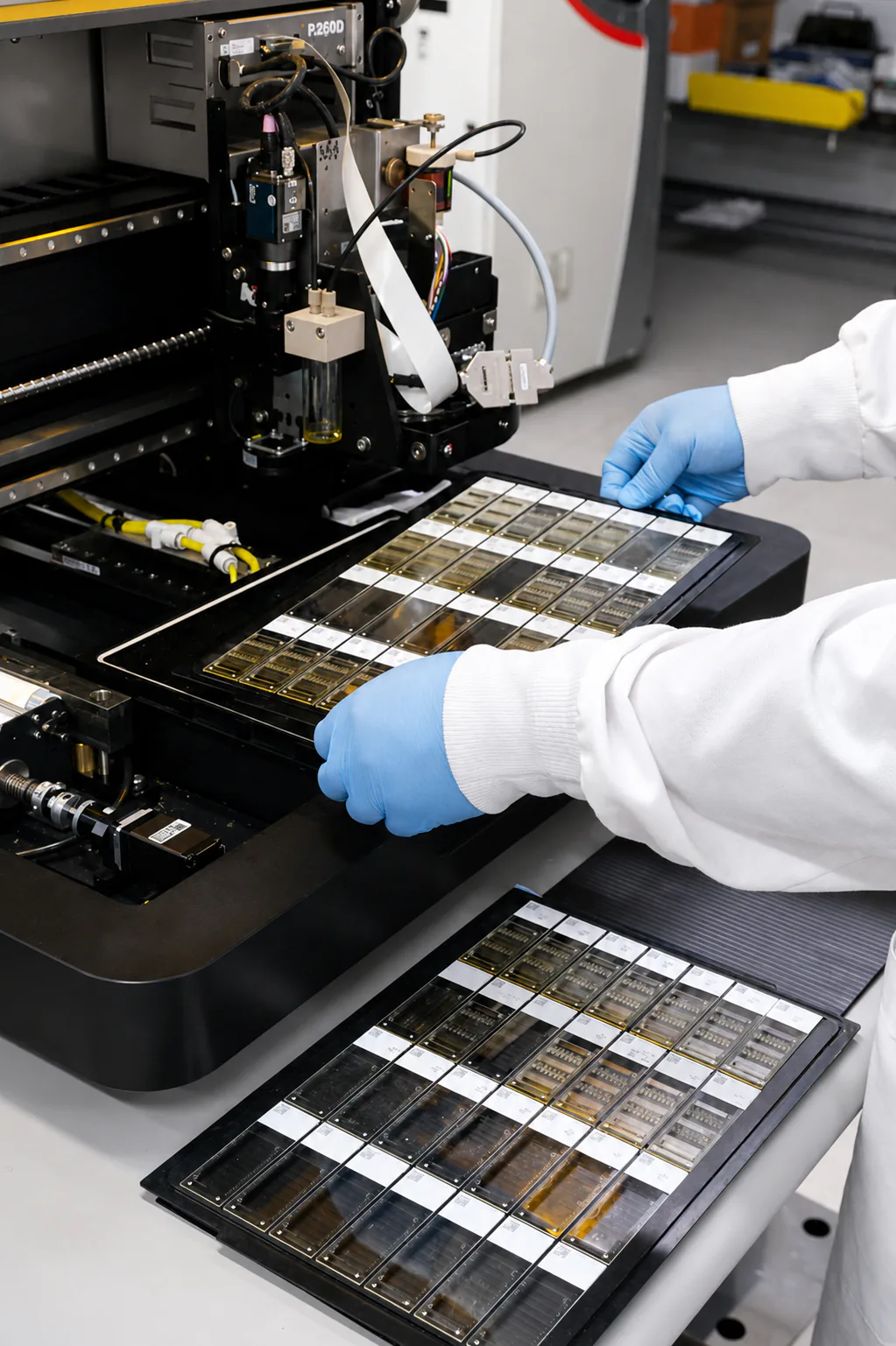 Lab technician loading a tray of slides into the QCPRECISE instrument