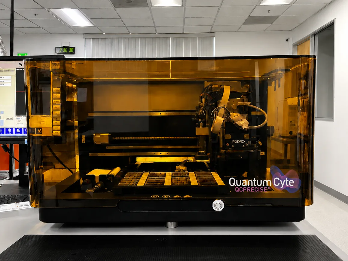 The QuantumCyte QCPRECISE instrument on a lab bench, loaded with slide trays